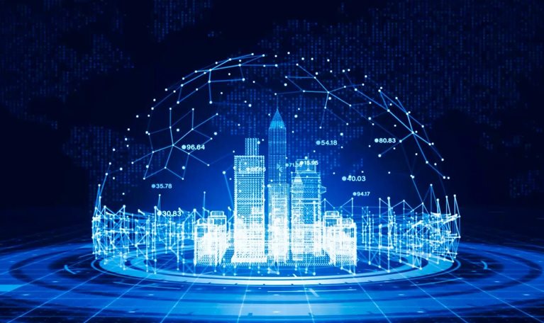 A glowing blue digital grid transforms into a futuristic city skyline, which then becomes enclosed within a dome-like network of luminous lines and data connections. A map of the world is subtly visible in the background.