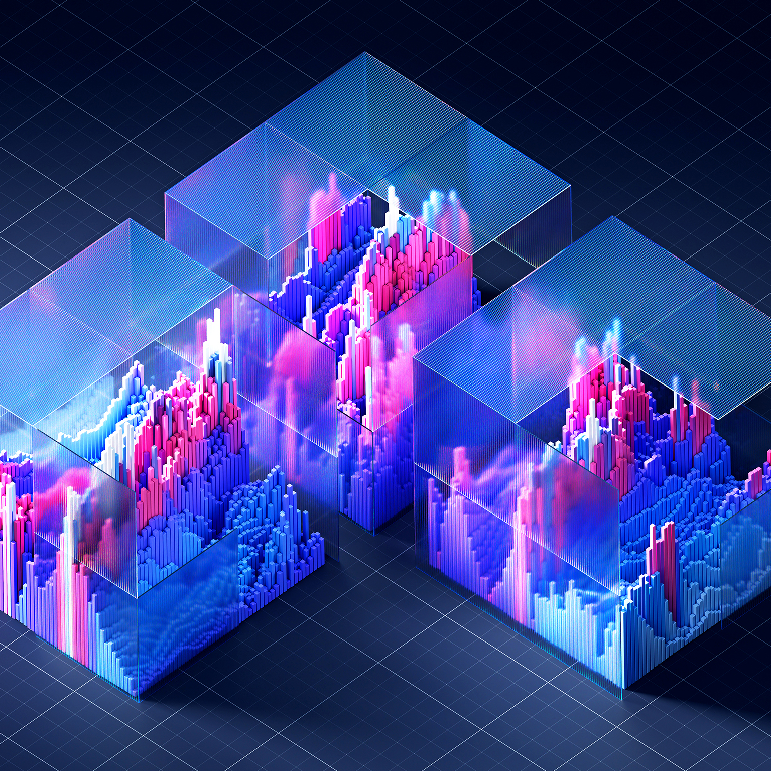 Colorful 3d bar graphs representing financial data are displayed inside interconnected glass cubes, showcasing a modern and abstract visualization of market trends and investment analysis.