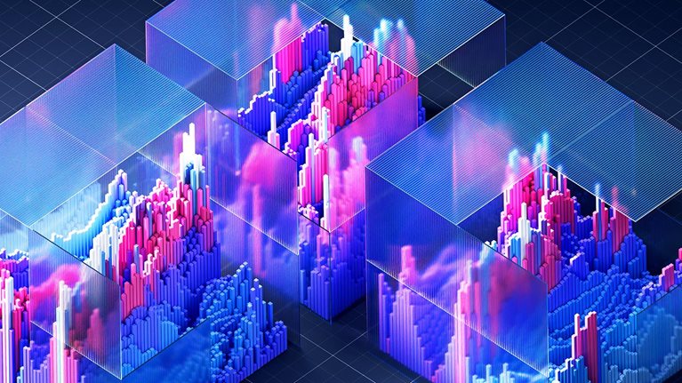 Colorful 3d bar graphs representing financial data are displayed inside interconnected glass cubes, showcasing a modern and abstract visualization of market trends and investment analysis.
