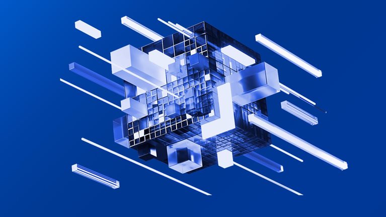 Image of digitally generated glass cubes connecting between each other.