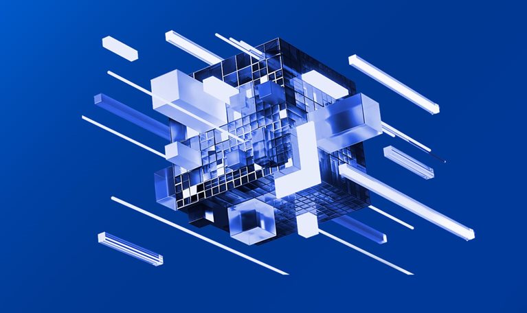 Image of digitally generated glass cubes connecting between each other.