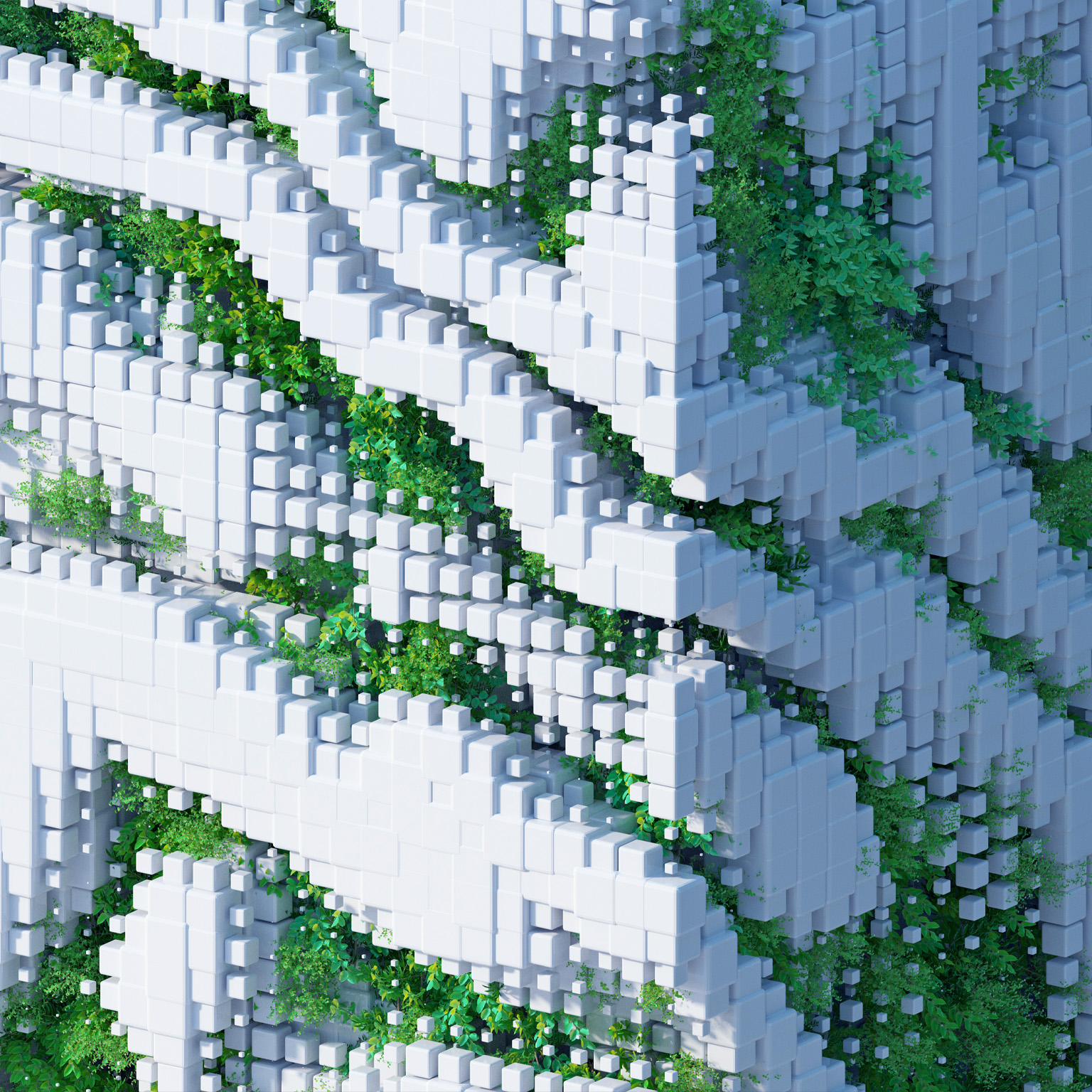 Digital generated image of grass and flowers growing over a futuristic organic cube.