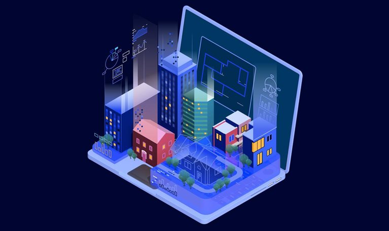 On the open laptop, where keys once resided, a virtual city is growing. Office buildings and residential structures harmoniously coexist, interconnected by a translucent web of digital elements—charts and data intricately woven into a dynamic ecosystem of new technologies.
