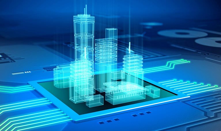 A futuristic holographic cityscape made of glowing blue wireframes rises from the surface of a computer microchip. Neon circuit lines radiate outward across the board, suggesting advanced technology and smart systems integration.