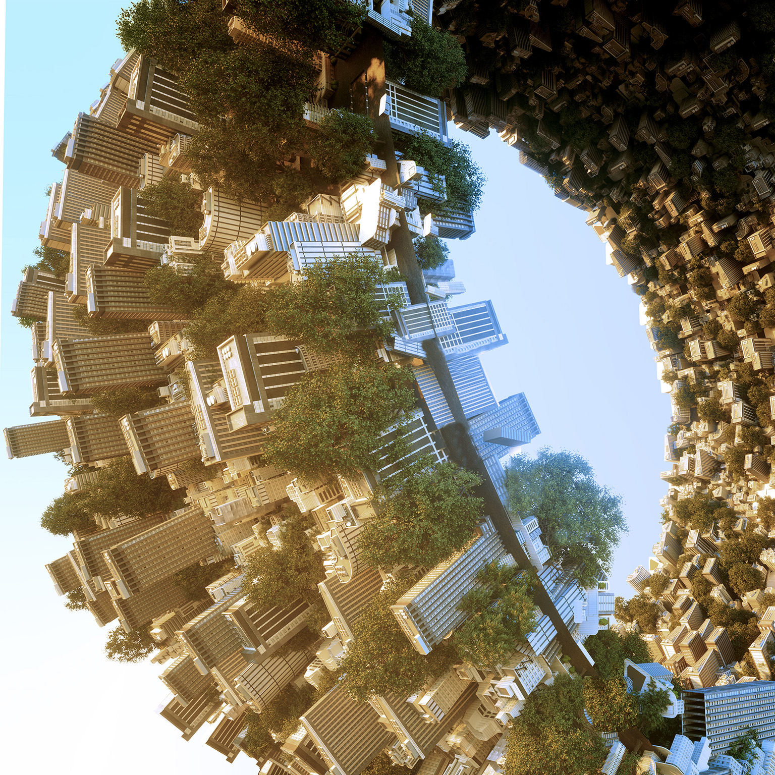 An urban environment shaped like a torus, forming a continuous ring of architecture and trees.