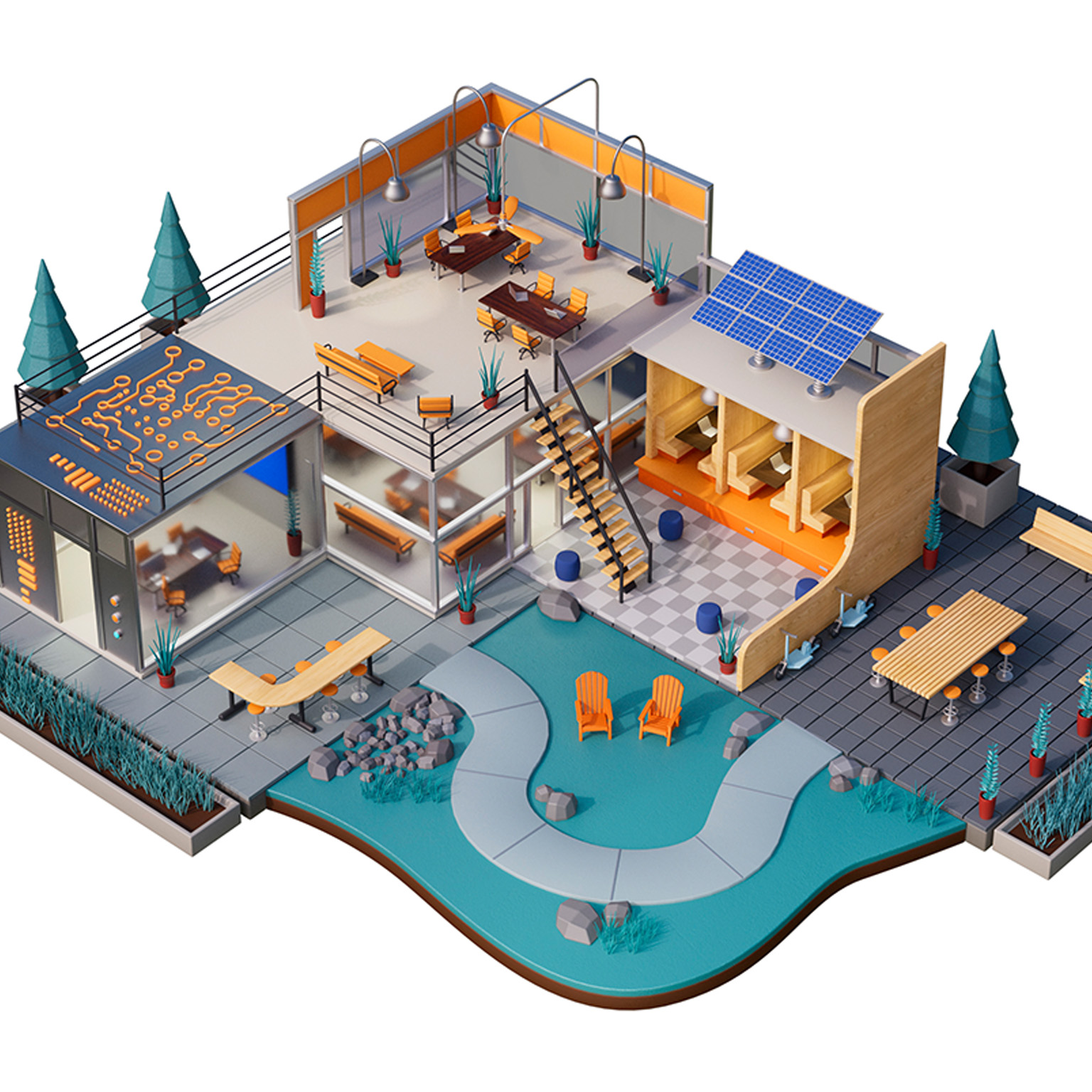 A modern interior with diverse workspaces for individuals and groups, featuring abundant plants, a cozy ambiance, and cutting-edge technology to inspire creativity and productivity.