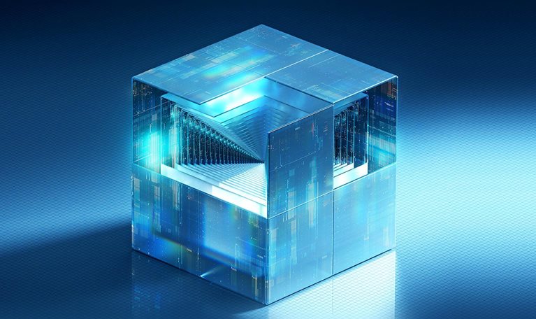 A translucent digital cube reveals a nested internal structure of glowing blue lines and pathways.