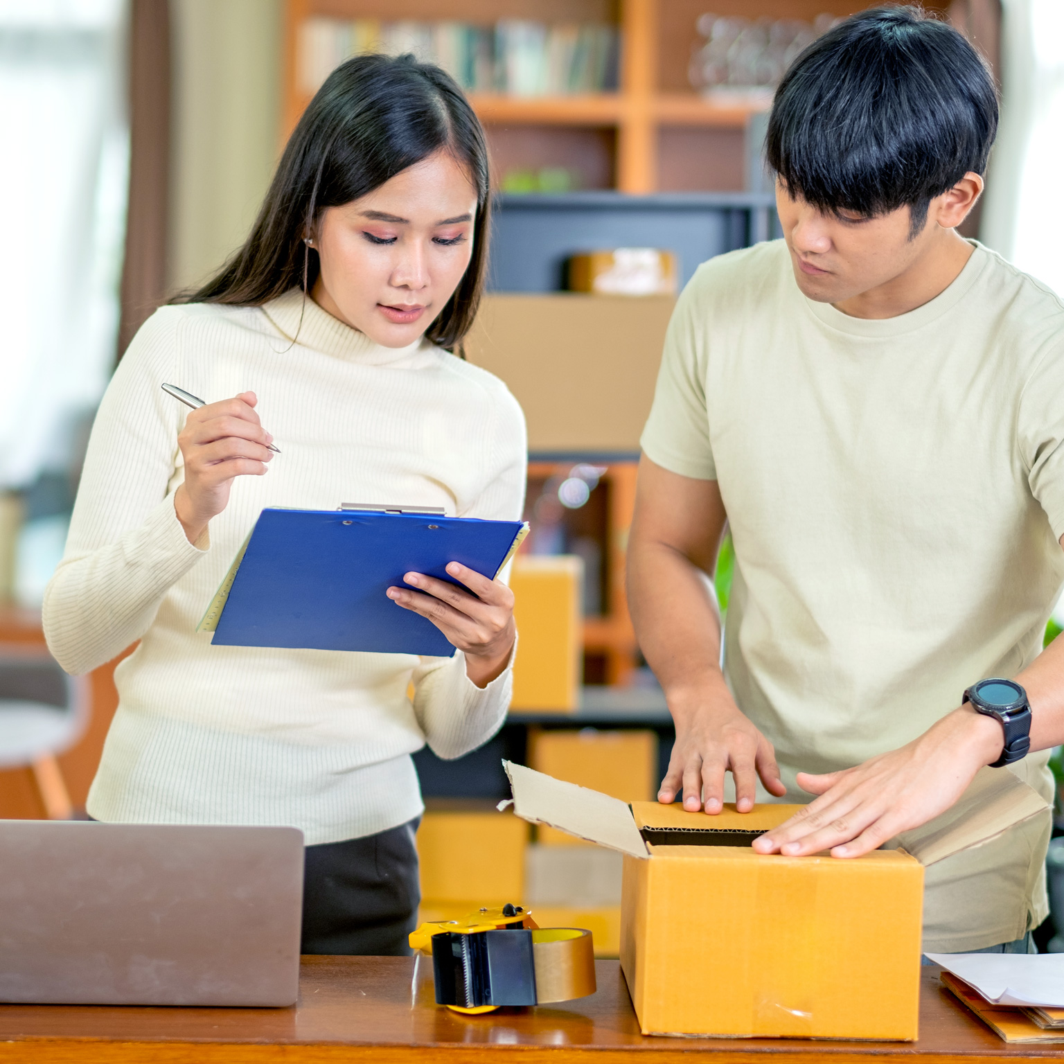 A young man and woman looking at items and checking off a list