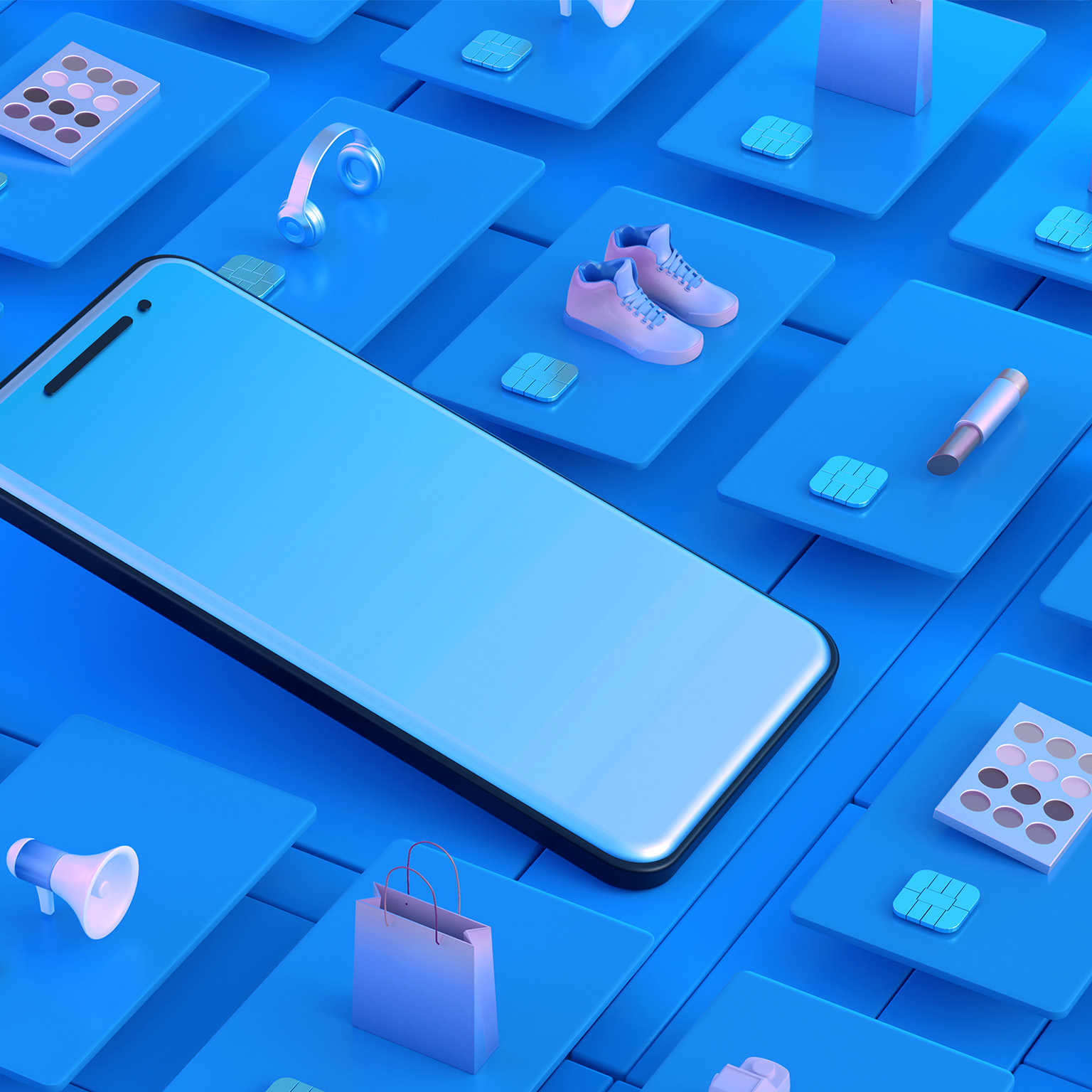 Smartphone surrounded by digital product cards displaying consumer goods and electronics.