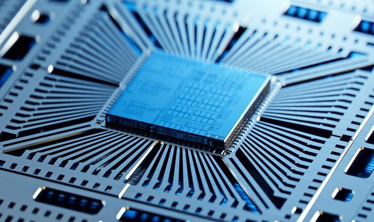 Close-up of Silicon Die Attached to Substrate after being Extracted from Wafer on Semiconductor Factory.