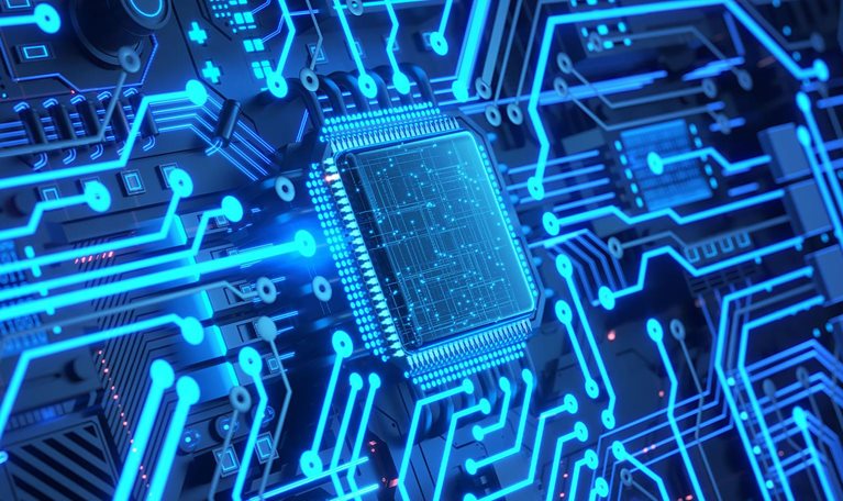 Futuristic mechanical circuit board with a digital data flowing.