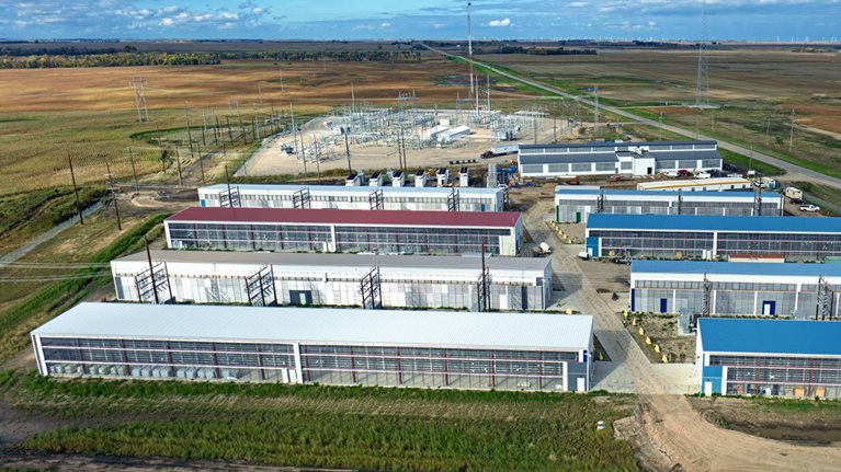 Aerial shot of a data center warehouse in a remote location in Stutsman County, North Dakota.