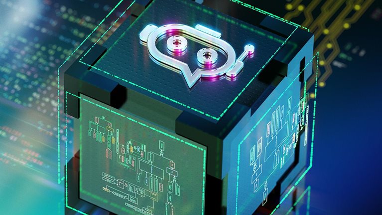 Futuristic chatbot icon processing texts and commands over CPU. CGI 3D render - stock photo