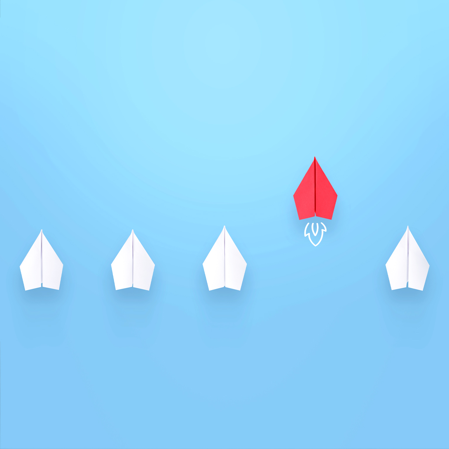 Change concepts with red paper airplane leading among white