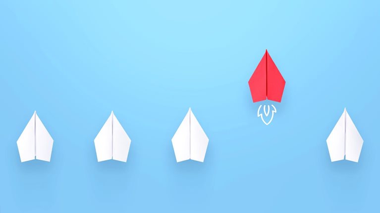 Change concepts with red paper airplane leading among white