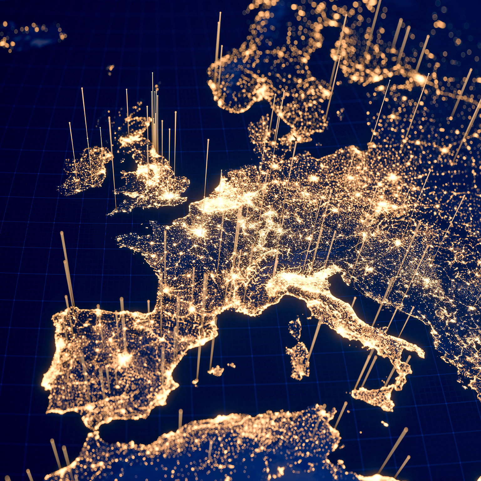 From a space perspective, Europe can be seen at night with clusters of golden dots representing city lights. Additionally, golden lines emanate from these urban regions, indicating the presence of technology and communication.