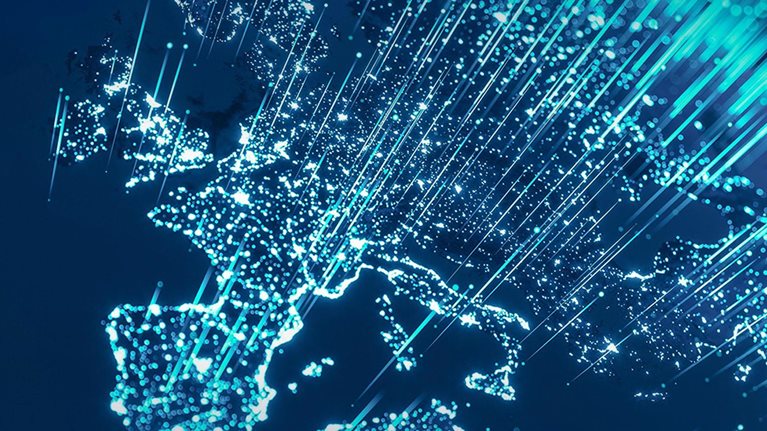 Global Communications. Map glowing with bright points of light scattered across globe. (World Map Courtesy of NASA)