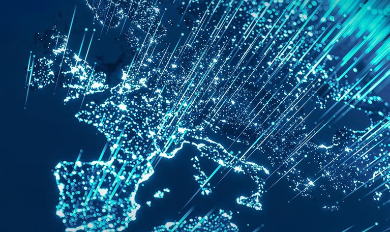 Global Communications. Map glowing with bright points of light scattered across globe. (World Map Courtesy of NASA)