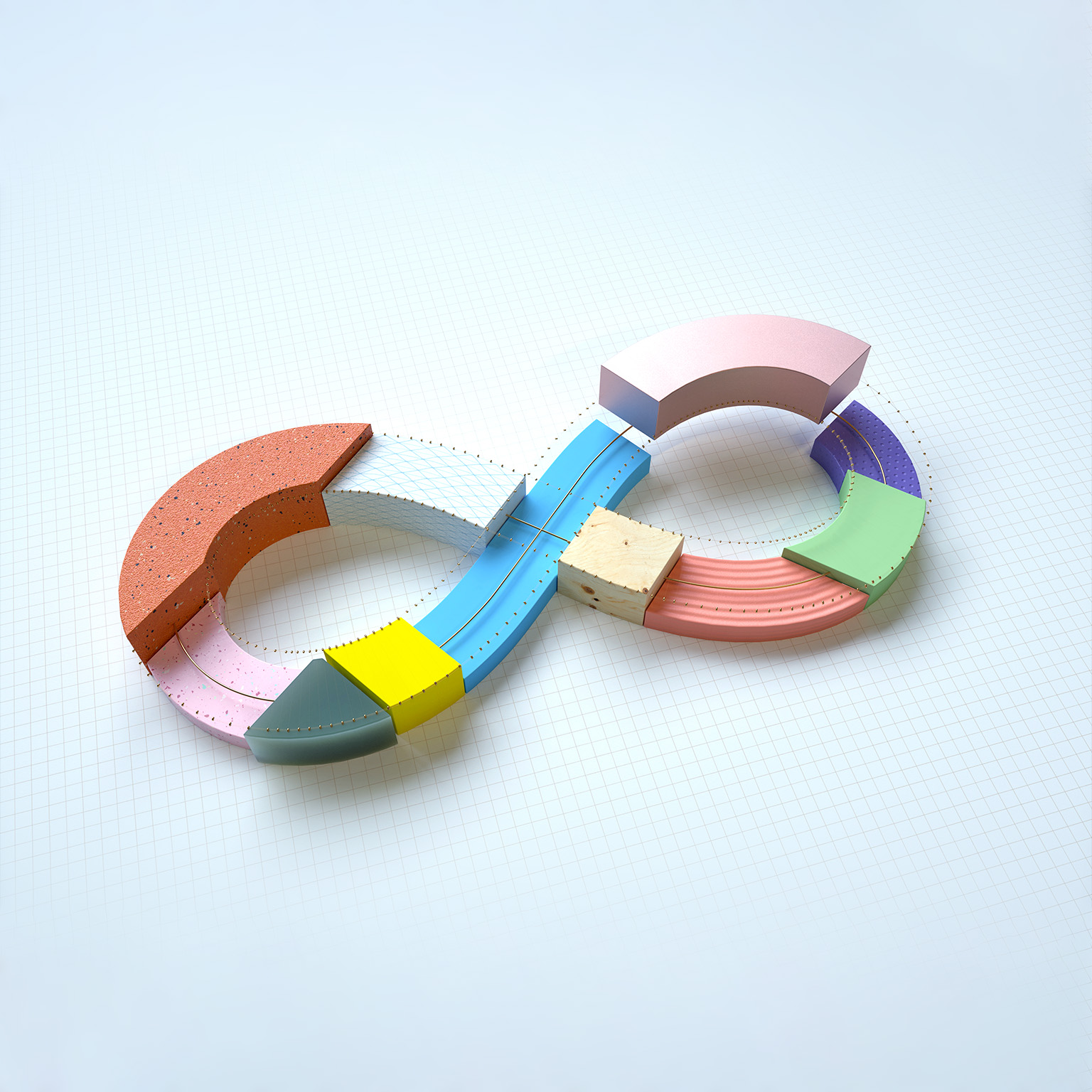 Abstract 3d infinity symbol made up of connected parts with a part being added.