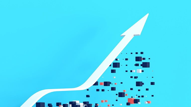 3D illustration of an arrow trending upward above a matrix of different size boxes