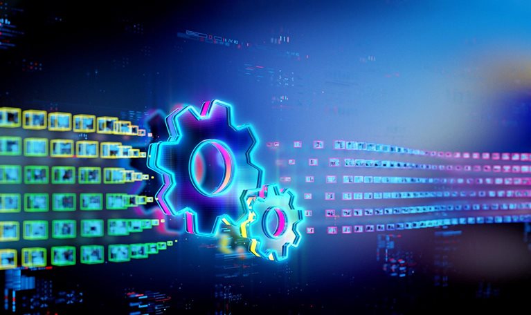 A pair of digital gears depicted on a linear ribbon made of small squares representing progress radiating from them. These gears and squares are highlighted in neon blue, purple, and green, contrasted against a dark blue backdrop.