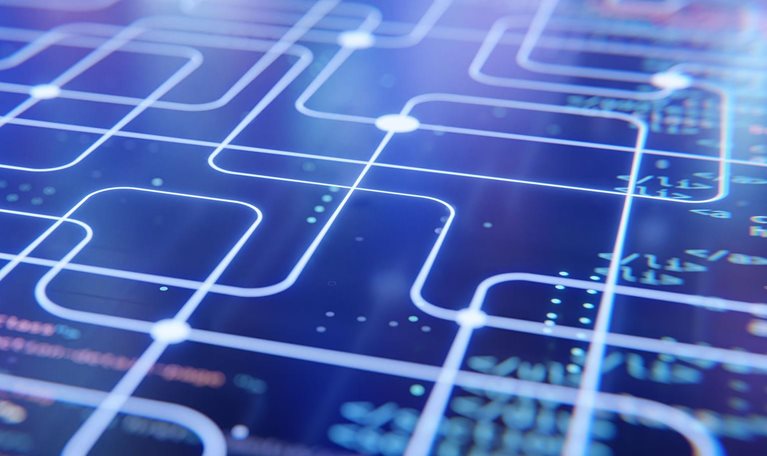 Network, connection concept. Digital background with an abstract lines in style of circuit board and parts of code strings.