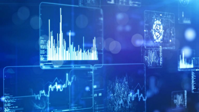 Close up of a futuristic computer monitor with information data in a vibrant blue