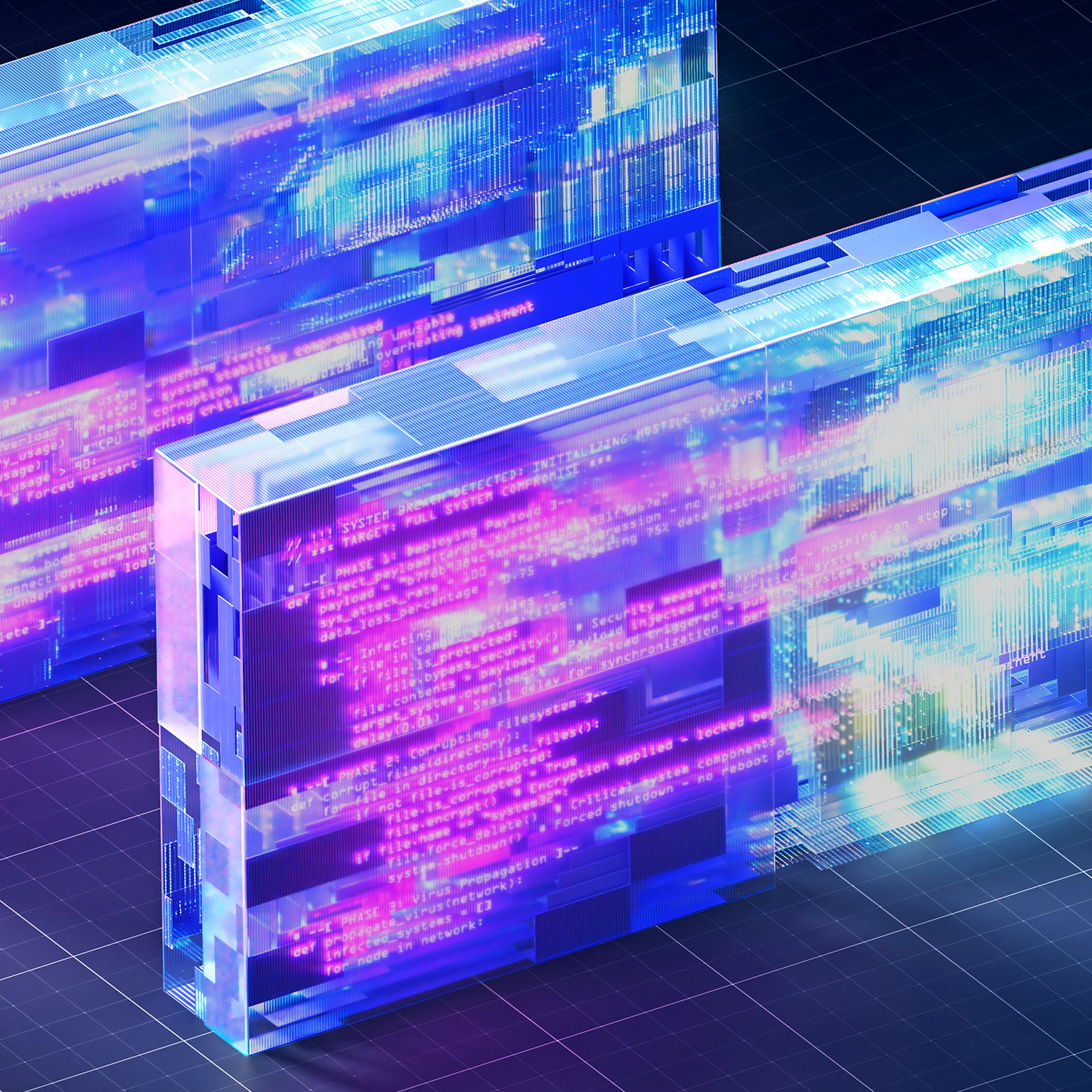 Abstract visual of futuristic transparent data containers, filled with glowing code