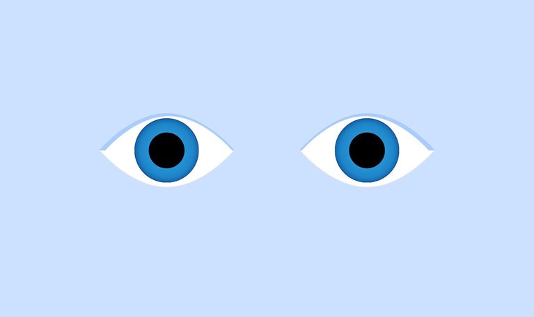 Two minimalist-style eyes on a light blue background. The eyes have white sclera, blue irises, and black pupils, giving them a simple, graphic appearance.