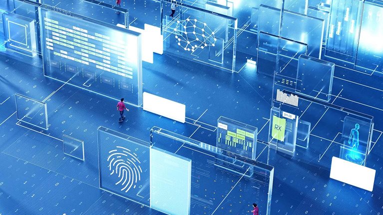 People walk among large floating digital interfaces displaying data, diagrams, and biometric visuals in a futuristic, technology-driven virtual environment.