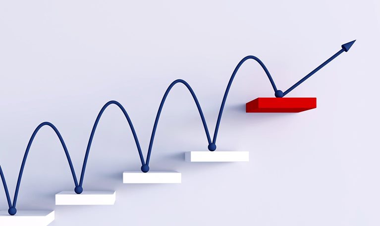 A blue line bouncing upward across a series of ascending white platforms, ending on a red platform with an arrow pointing upward