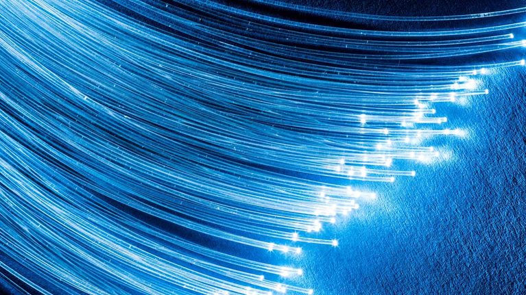 Bundle of optical fibers with lights in the ends.