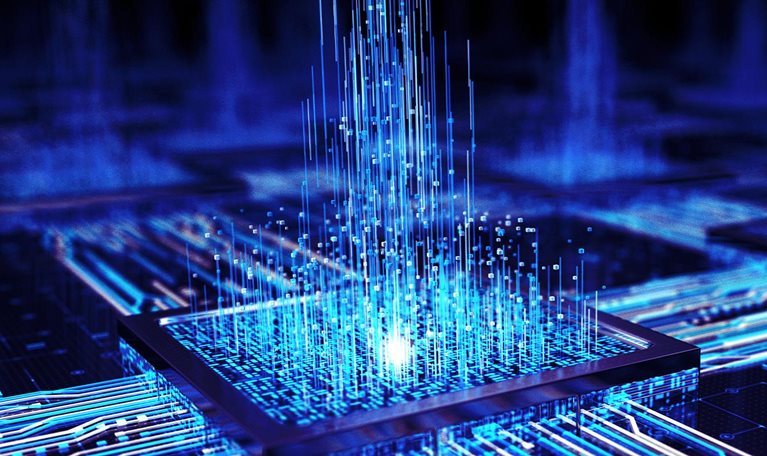 Artificial Neural Network Technology - Concept. Glowing AI chip