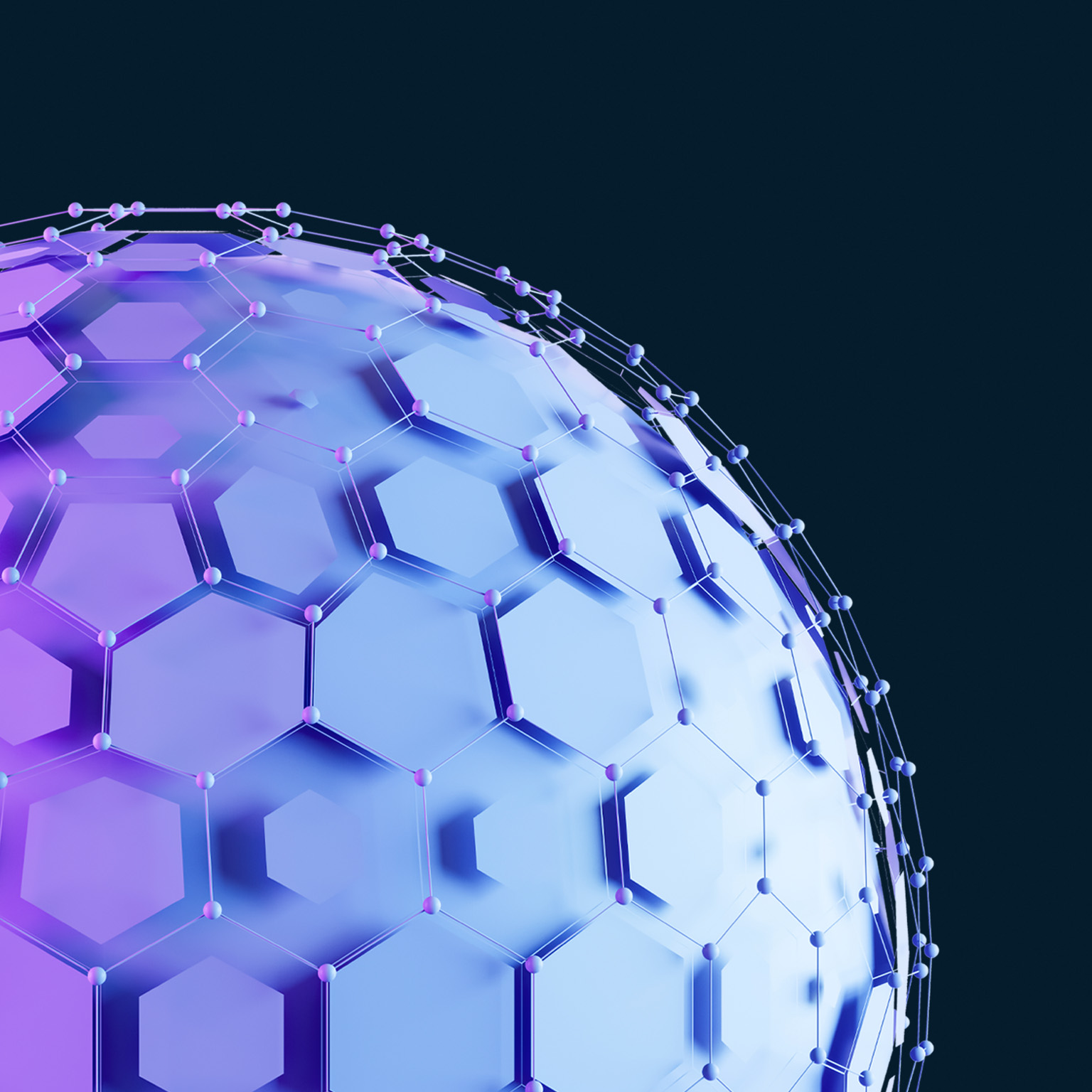 This image is a digitally generated 3D render of an abstract hexagonal sphere, commonly used as a futuristic technology background.