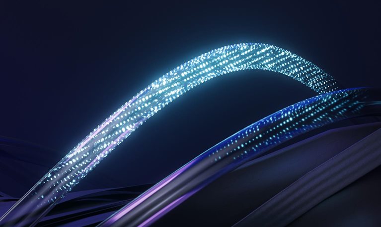This image appears to be an abstract digital graphic depicting glowing, interconnected lines or light paths against a dark background. The graphic likely represents data transfer, networking, or fiber optic technology.