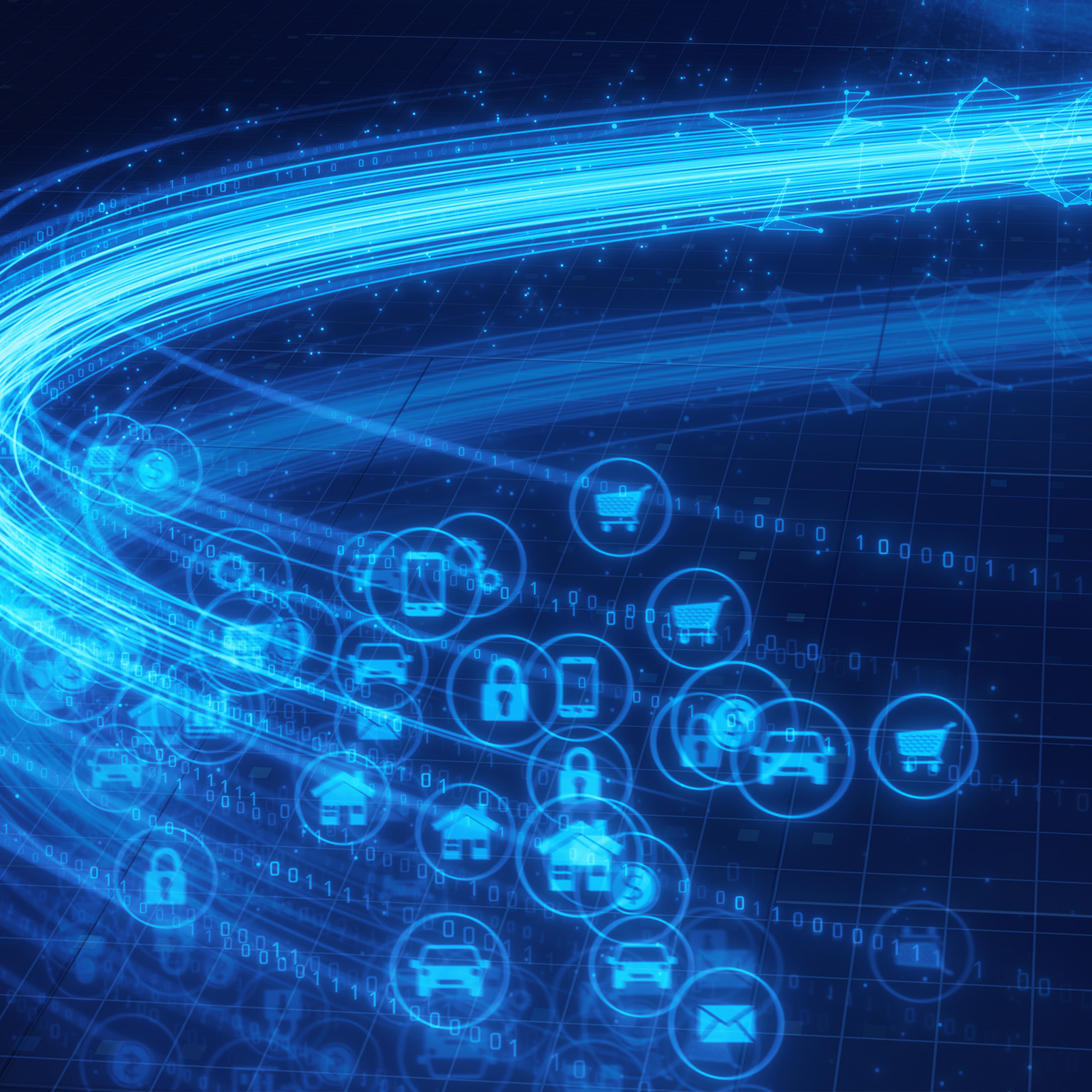 Abstract image of network structure changing to particle data, plexus, binary, and GUI applications.