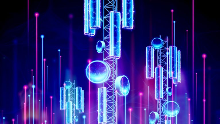 3D rendered communication towers with light lines ascending around them. The towers and lines are depicted in neon blues and purples against a dark background.