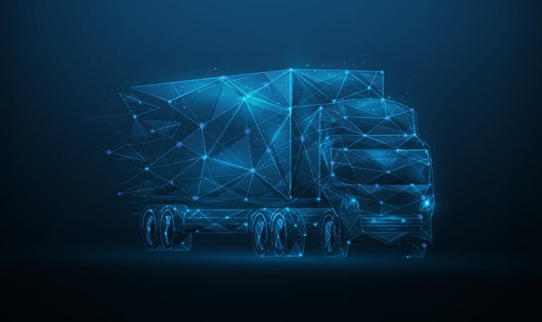 Logistics low poly wireframe on blue dark background. delivery truck consist of lines, dots and triangle. business worldwide shipping. cargo technology. - stock illustration