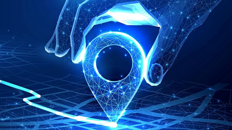 Illustration of a digital style hand setting location on a map with two pins