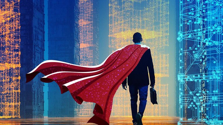 Businessman with briefcase and cape walking into digital gen ai future.