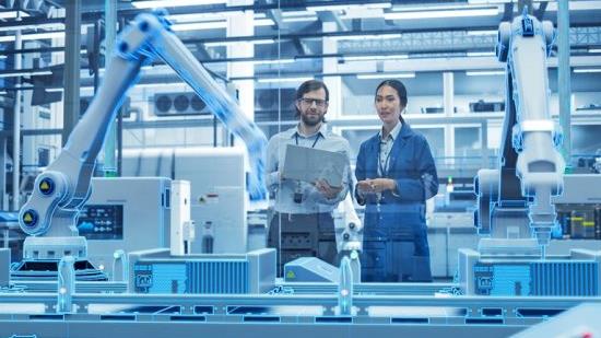 Electronics Factory Digitalization: Automated Robot Arm Assembly Line Manufacturing Advanced Equipment. Managers Discussing Work while Futuristic AI Computer Vision Analyzing, Scanning Production Lin