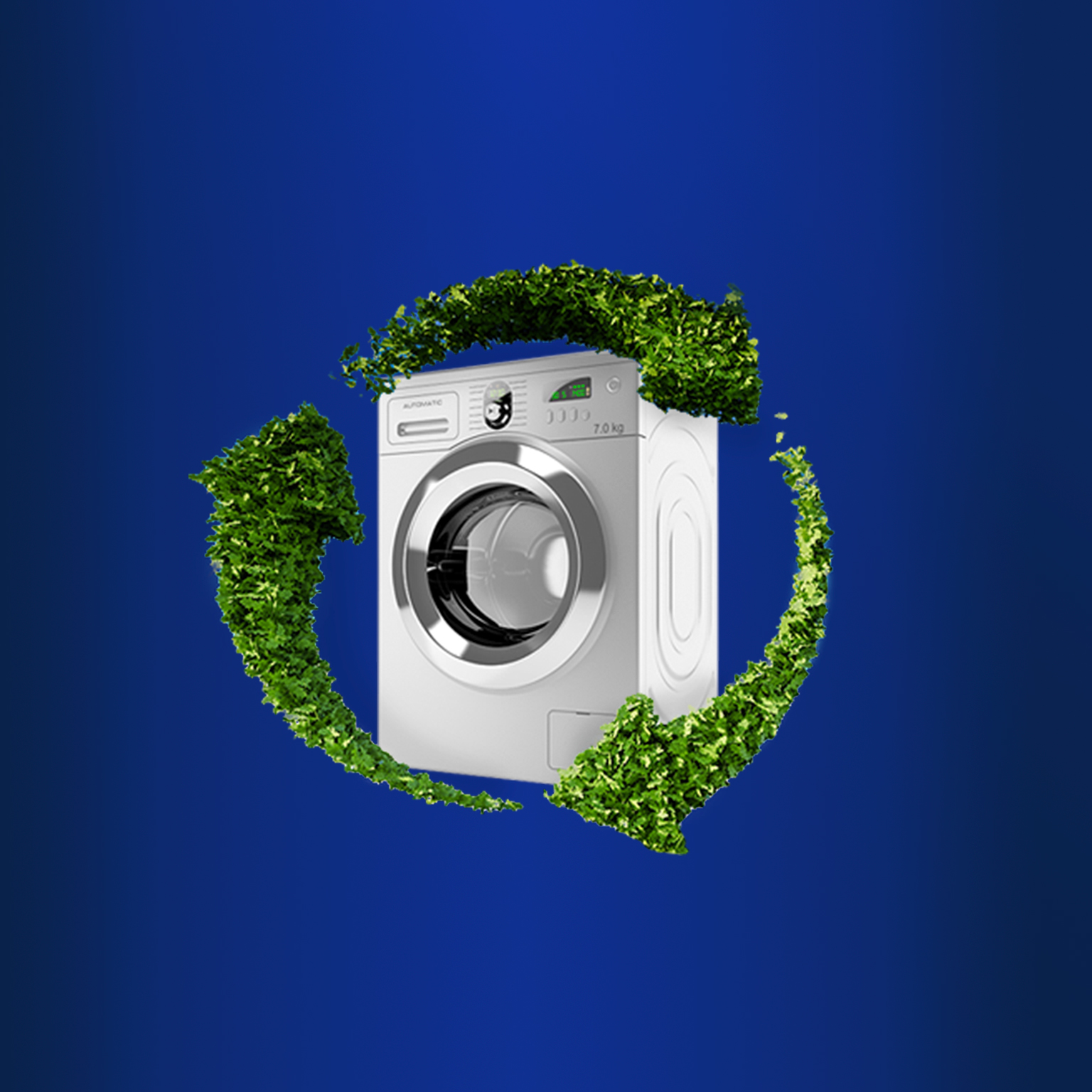 washing machine surrounded by green arrows - illustration