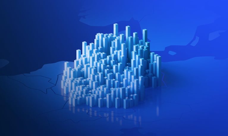 Diese 3D-Illustration zeigt eine futuristische, abstrakte Stadtlandschaft.