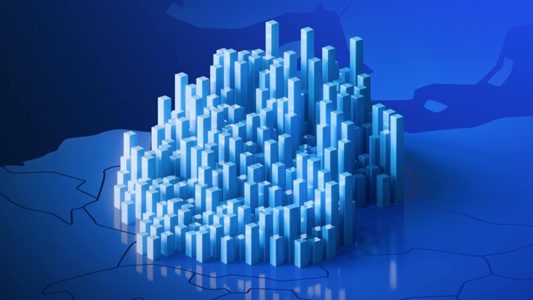Diese 3D-Illustration zeigt eine futuristische, abstrakte Stadtlandschaft.