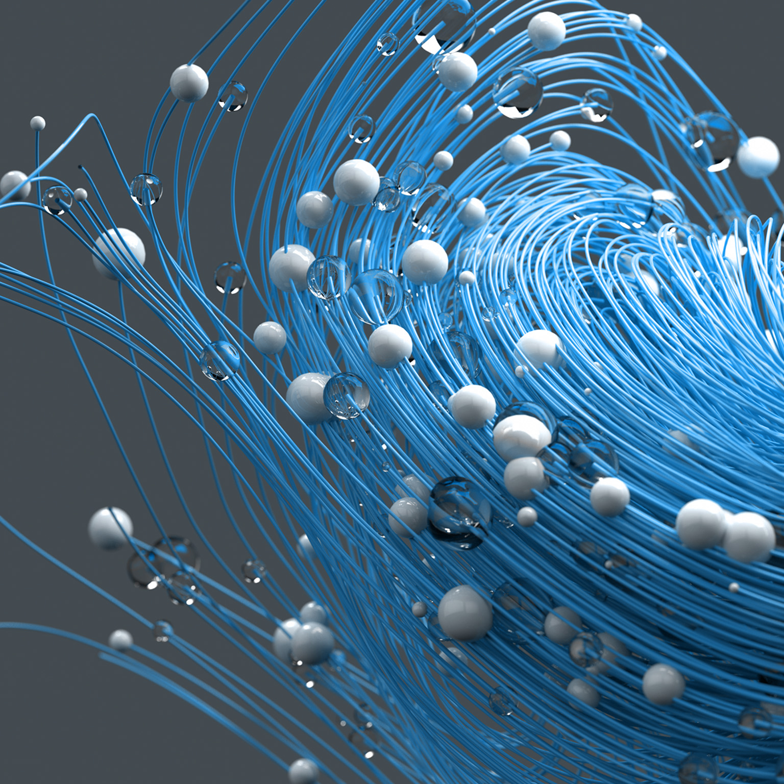 Abstract yellow wires and glass spheres on grey background.