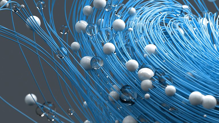 Abstract yellow wires and glass spheres on grey background.