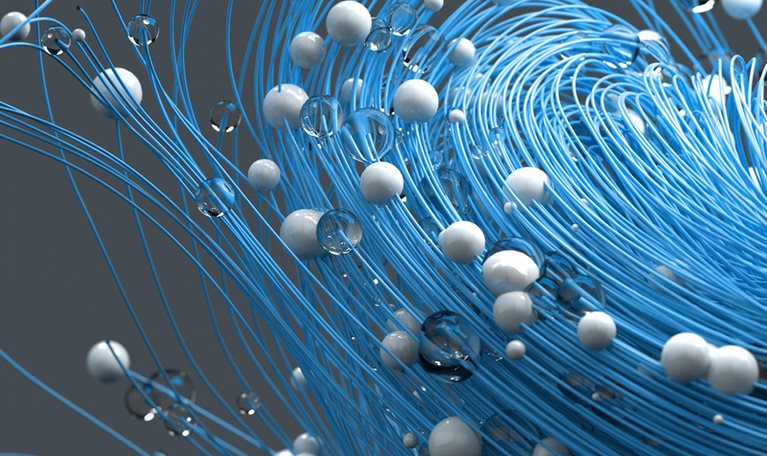 Abstract yellow wires and glass spheres on grey background.