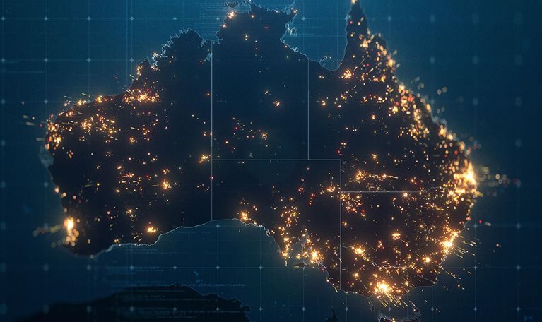 Night Map of Australia with City Lights Illumination