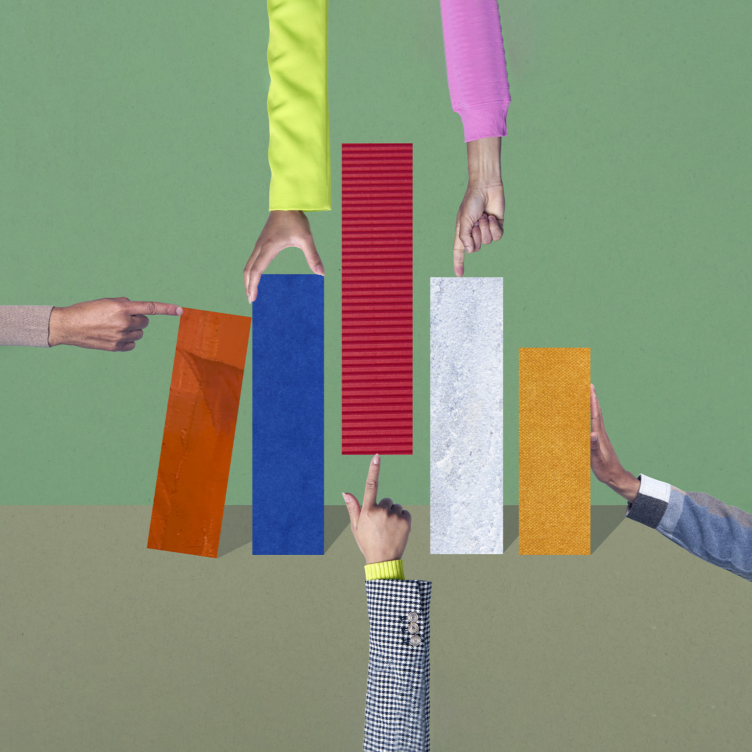 Collage image of hands interacting with bar graph