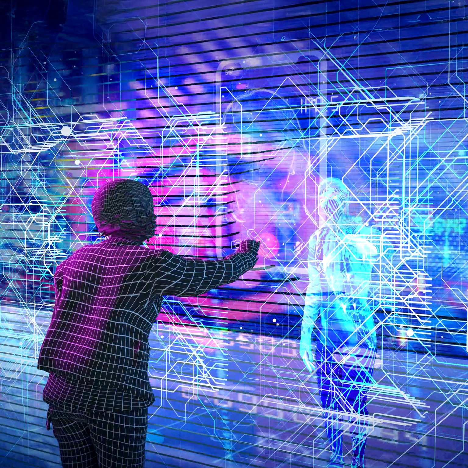 A futuristic digital scene where a person, rendered in a wireframe design, reaches toward a holographic figure through a vibrant, neon-lit interface. The background is filled with complex circuitry patterns and glowing blue and purple tones, symbolizing human interaction with advanced artificial intelligence.